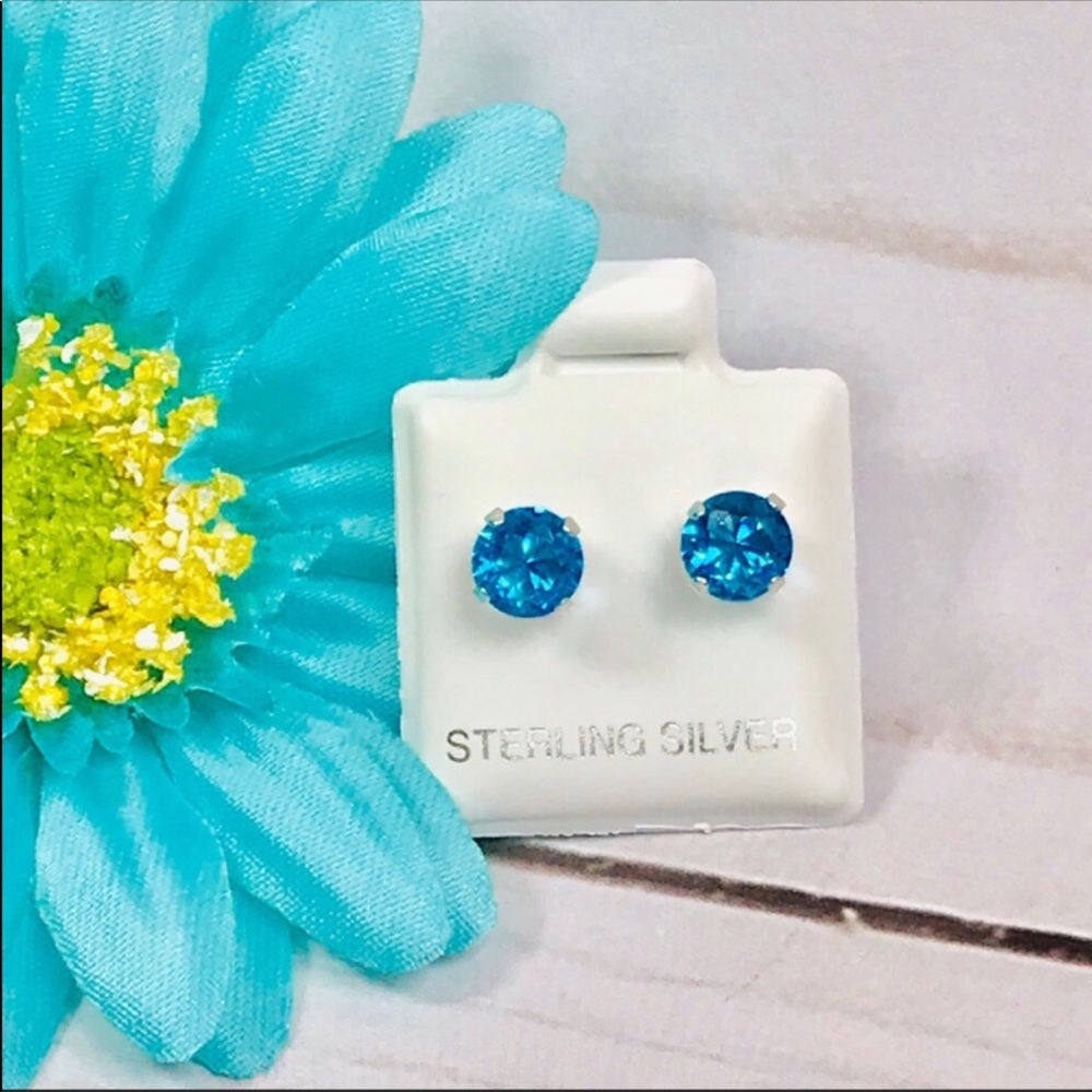 Sterling Silver Earrings Blue Cubic Zirconia Studs
